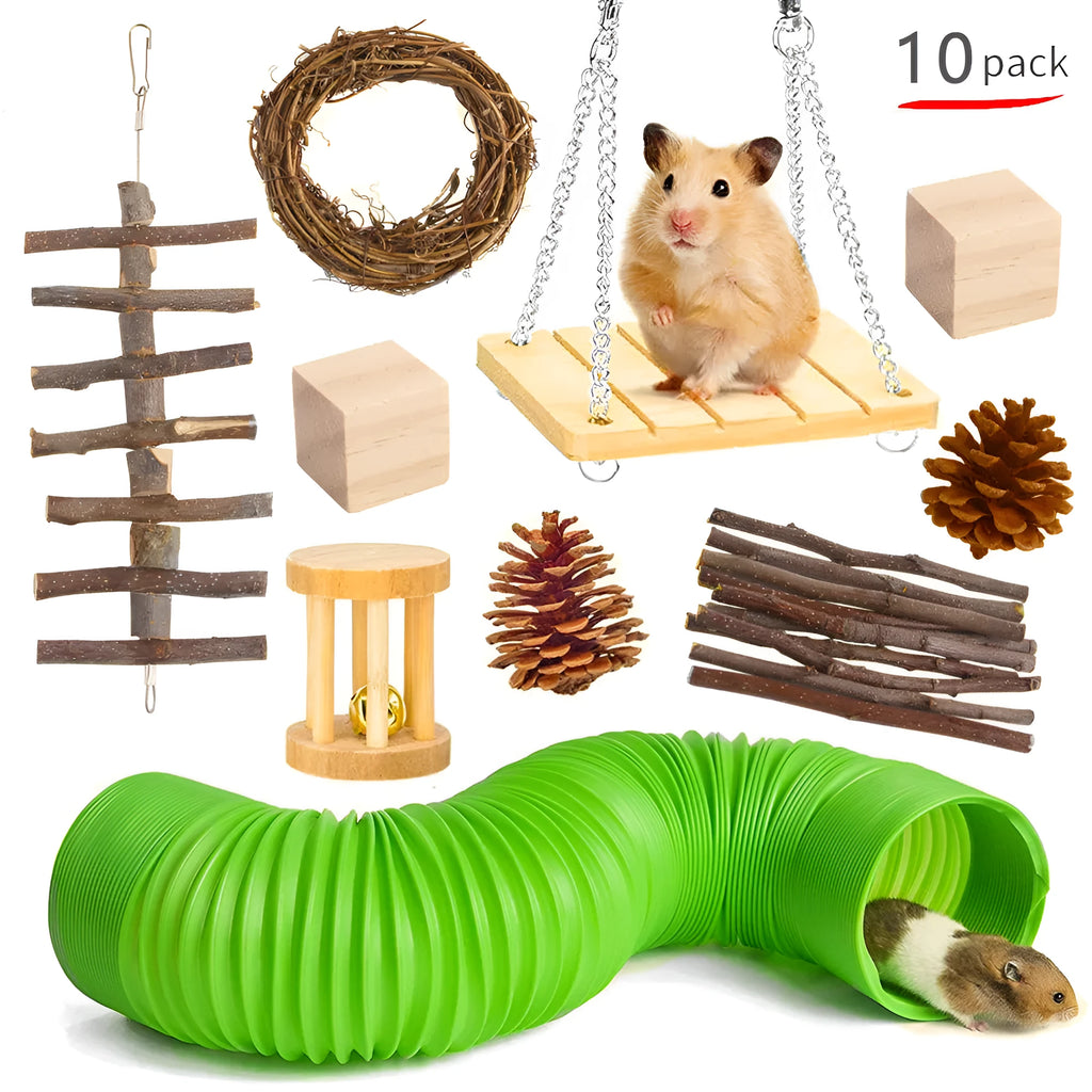 Wooden pet toy bundle sets including gnawing blocks, straw mats, and woven balls for small animals