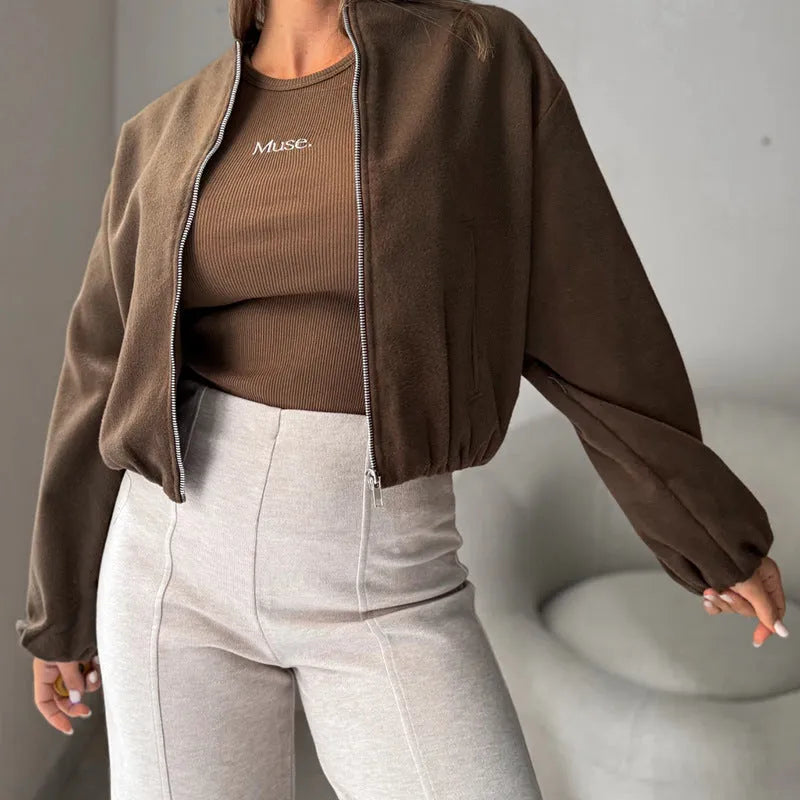 Women's off-shoulder lantern sleeve coat in brown casual style with pocket details