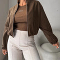 Women's off-shoulder lantern sleeve coat in brown casual style with pocket details
