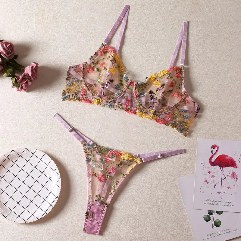 Floral patterned mesh bra and T-back underwear set in a skin colour, showing steel ring detail.