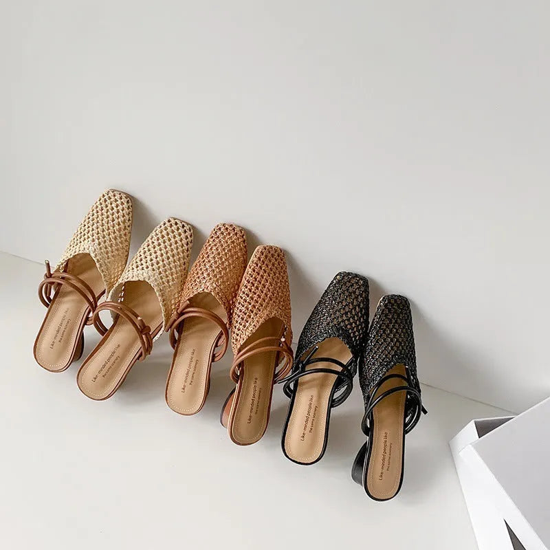 Women's black square toe slippers with hollow-out design and a thick chunky heel
