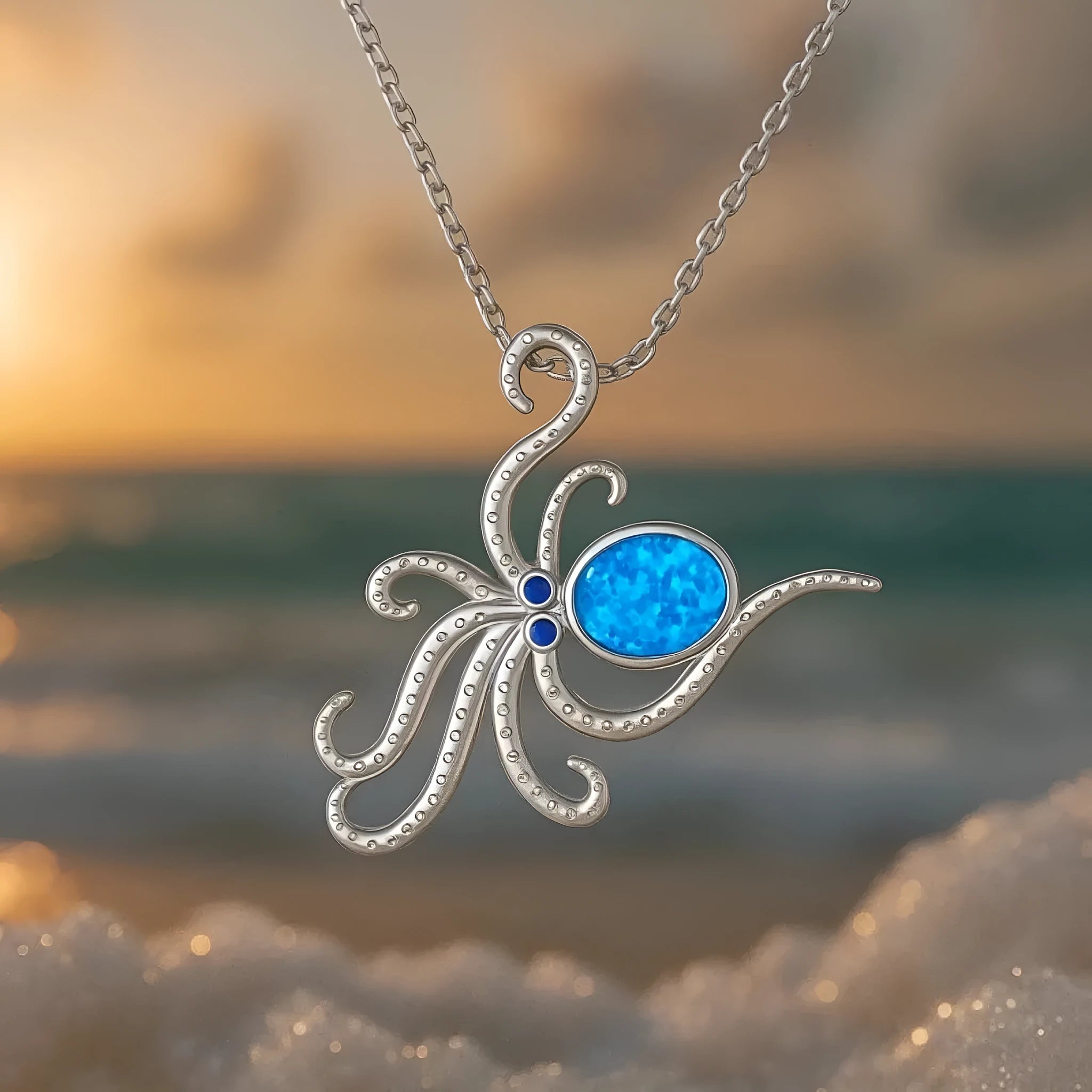 Sterling silver octopus necklace with geometric opal centrepiece on box chain