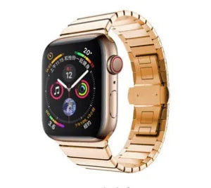 Stainless steel Apple Watch compatible metal band with butterfly buckle in five colour options.