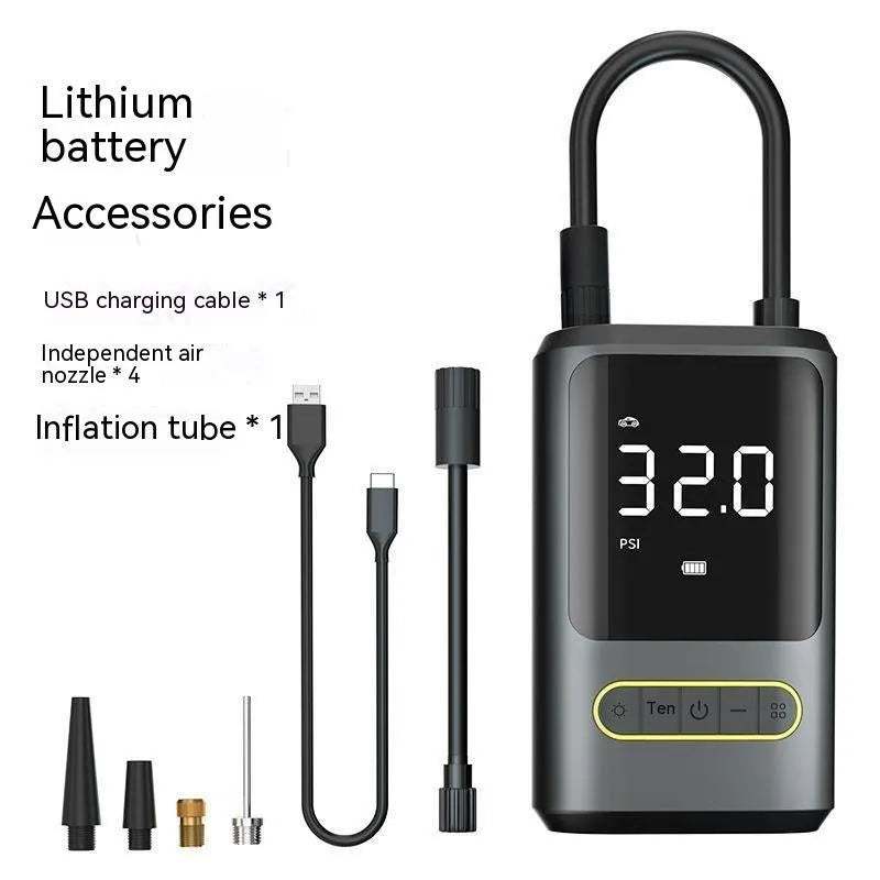 Handheld wireless digital display air pump with LED light shown inflating a car tyre