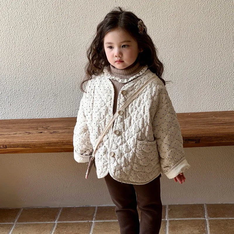 Beige Korean-style baby girl winter cotton-padded coat with printed design, corduroy fabric, single-breasted closure, unhooded, suitable for heights 80-130cm