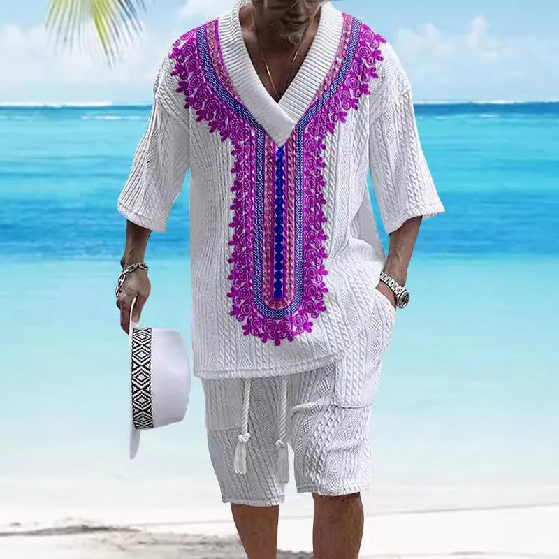 Men's printed knitted shorts suit with drop-shoulder short-sleeve top and matching shorts in chemical fibre blend fabric