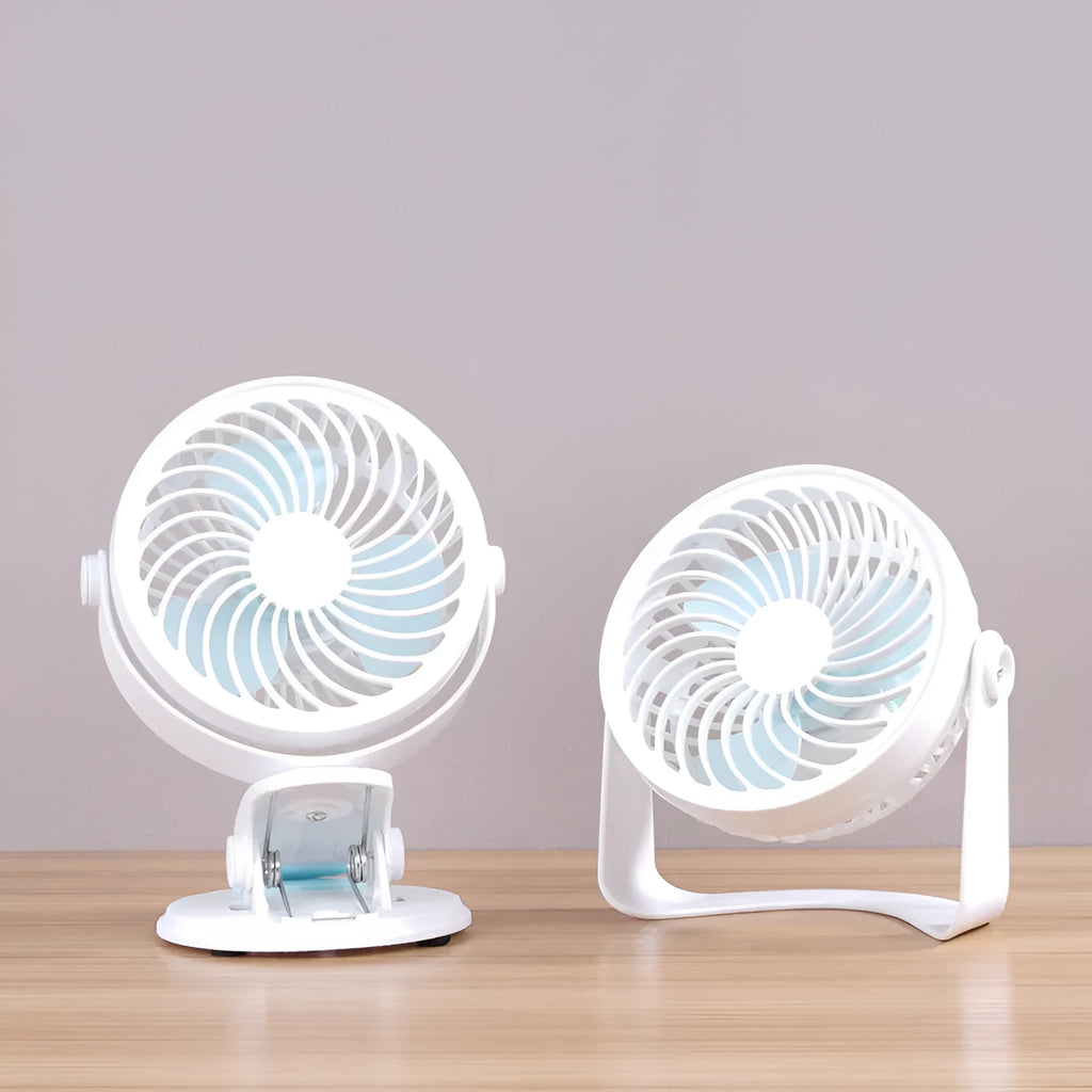 USB-powered desk fan with clip and floor positioning options, showing compact 19cm design