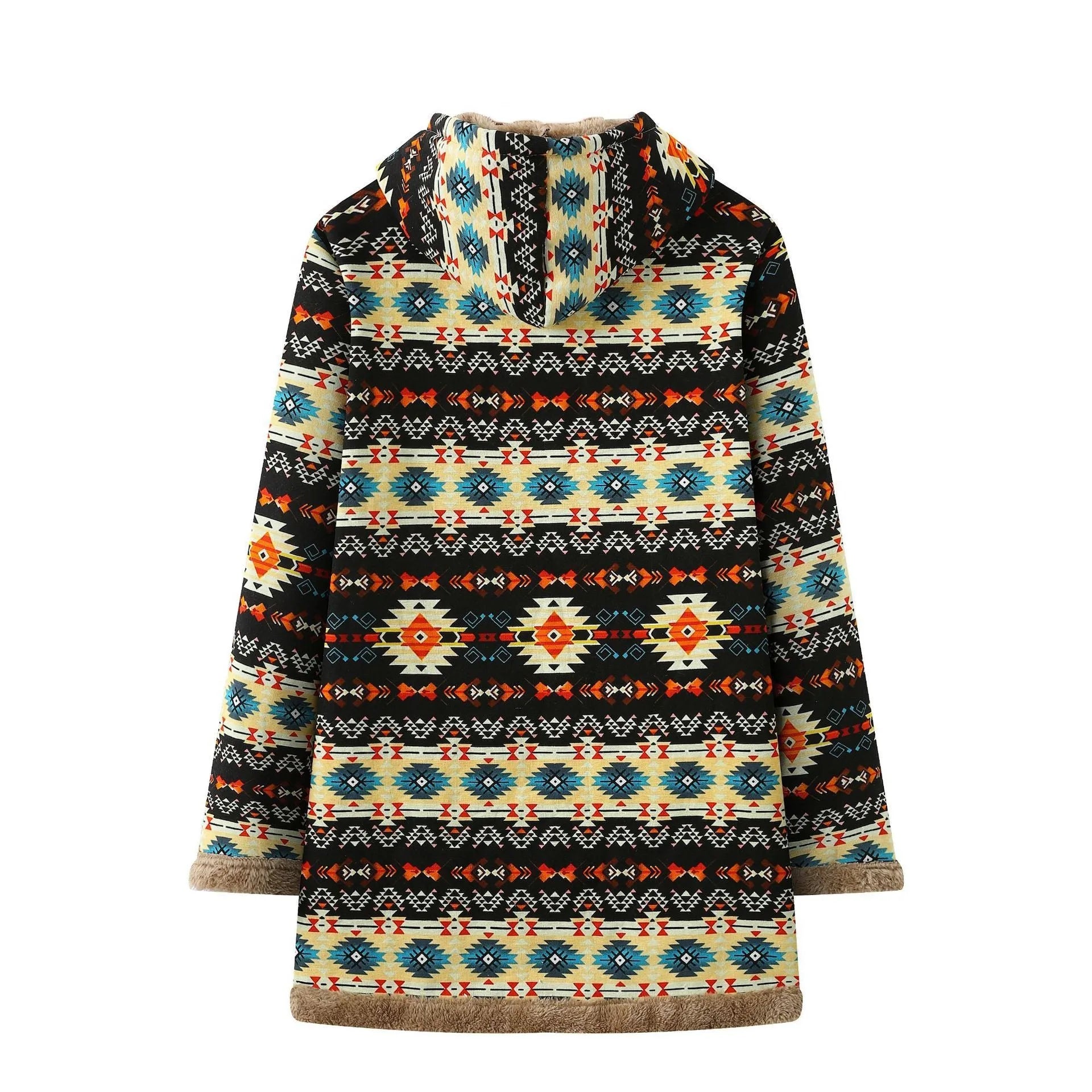 Printed hooded warm plush long sleeve coat in black, loose fit, front view