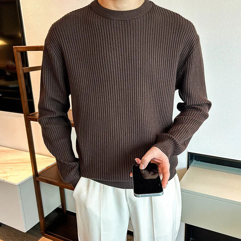 Men's thick bamboo fibre ice silk sweater in light gray, loose fit, round neck, striped pattern