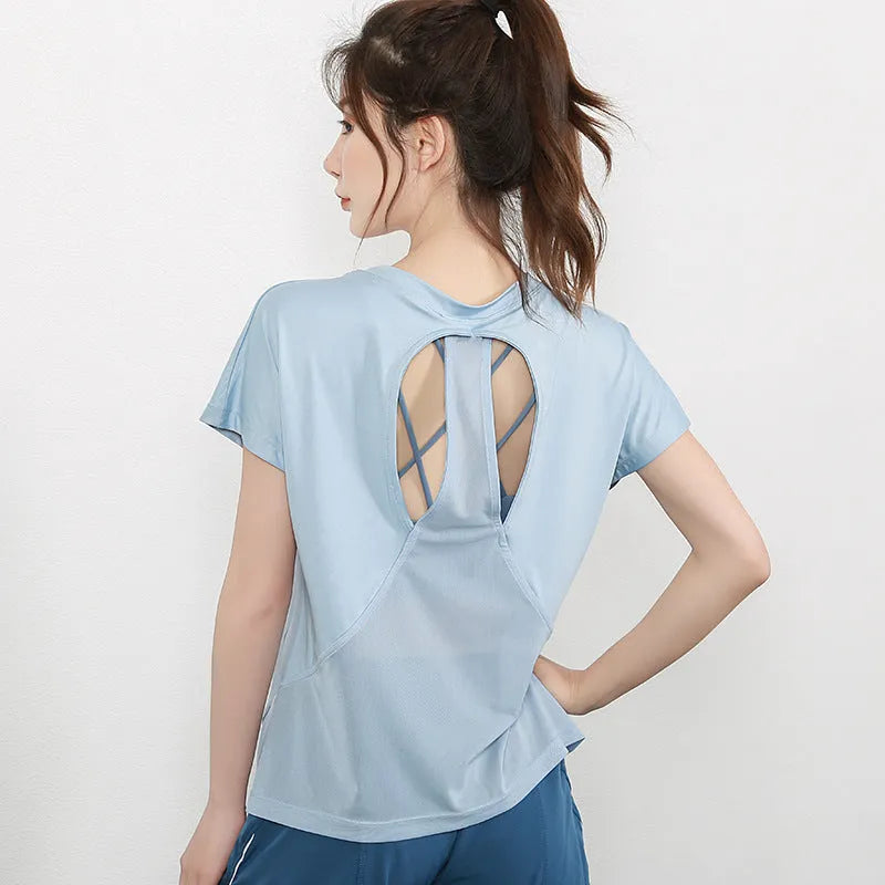 Ladies short sleeve polyester sports t-shirt for yoga and running in grey green colour