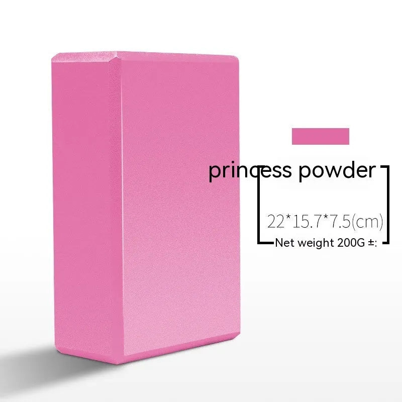 A high-density EVA yoga block in a choice of solid colours or printed designs, measuring 23cm by 15cm.