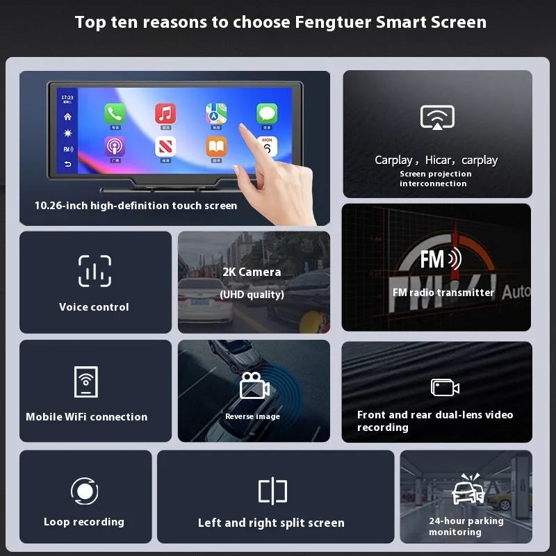 10 inch car smart touchscreen display with CarPlay, driving recorder, and reversing camera functions
