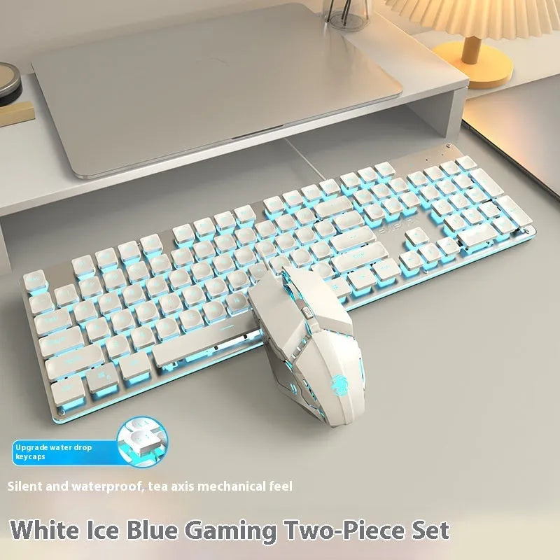 Mute mechanical keyboard with LED lighting and matching wired mouse in silver white blue colour combination