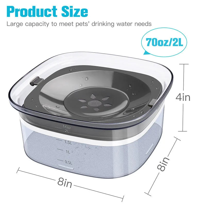70oz Large Capacity Dog Water Bowl with Spill Proof Design, 2L Transparent Visible Water Level Slow Drinking Bowl for Dogs and Cats, Antispill Non-Slip Silicone Plugs and Frosted Bottom for Clean Floors