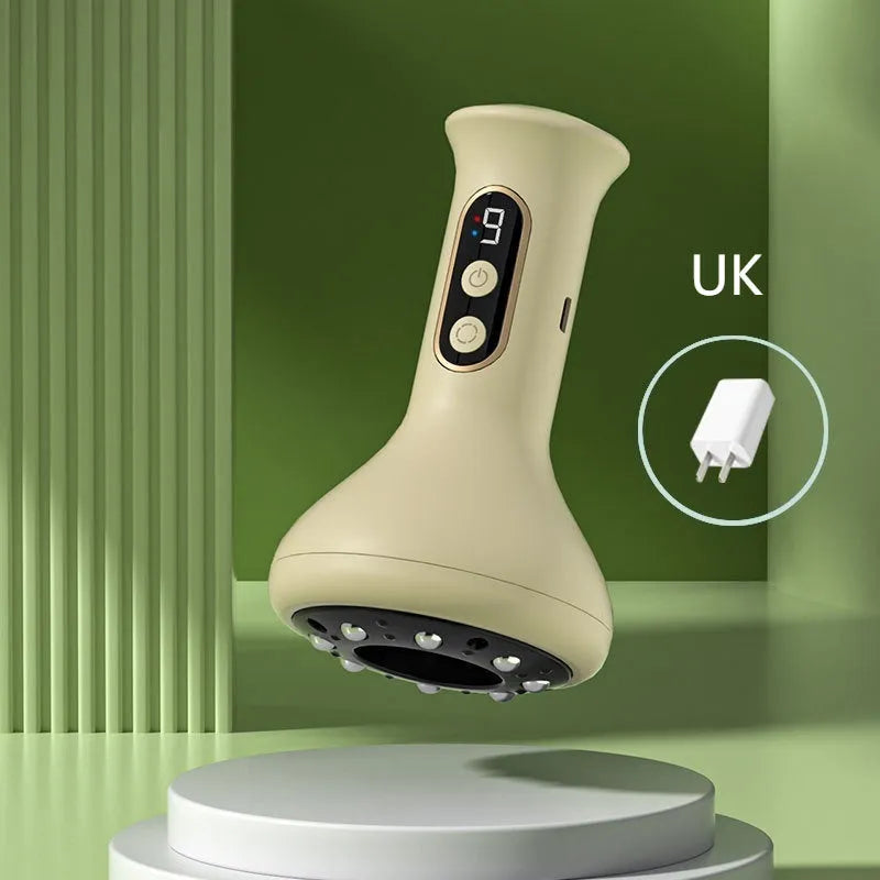 Light yellow BG01 smart cupping device with UK plug and charging cable on a surface