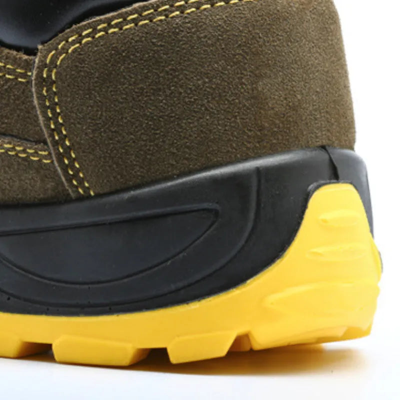 Bronze cow suede safety shoes with steel toe cap and non-slip sole pattern