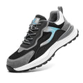 Men's low-top suede and mesh work shoes with a plastic steel toe cap and lace-up closure.