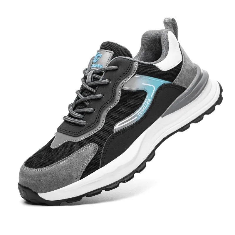 Men's low-top suede and mesh work shoes with a plastic steel toe cap and lace-up closure.