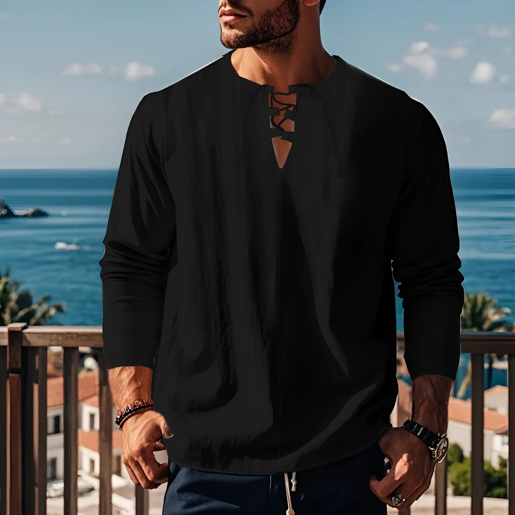 Cotton linen beach shirt in solid colour with loose pullover design showing size options