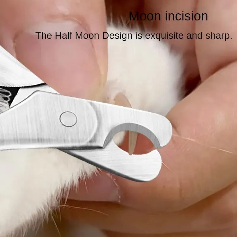 Silver stainless steel pet nail clipper with ergonomic handle and safety guard for dog and cat grooming.