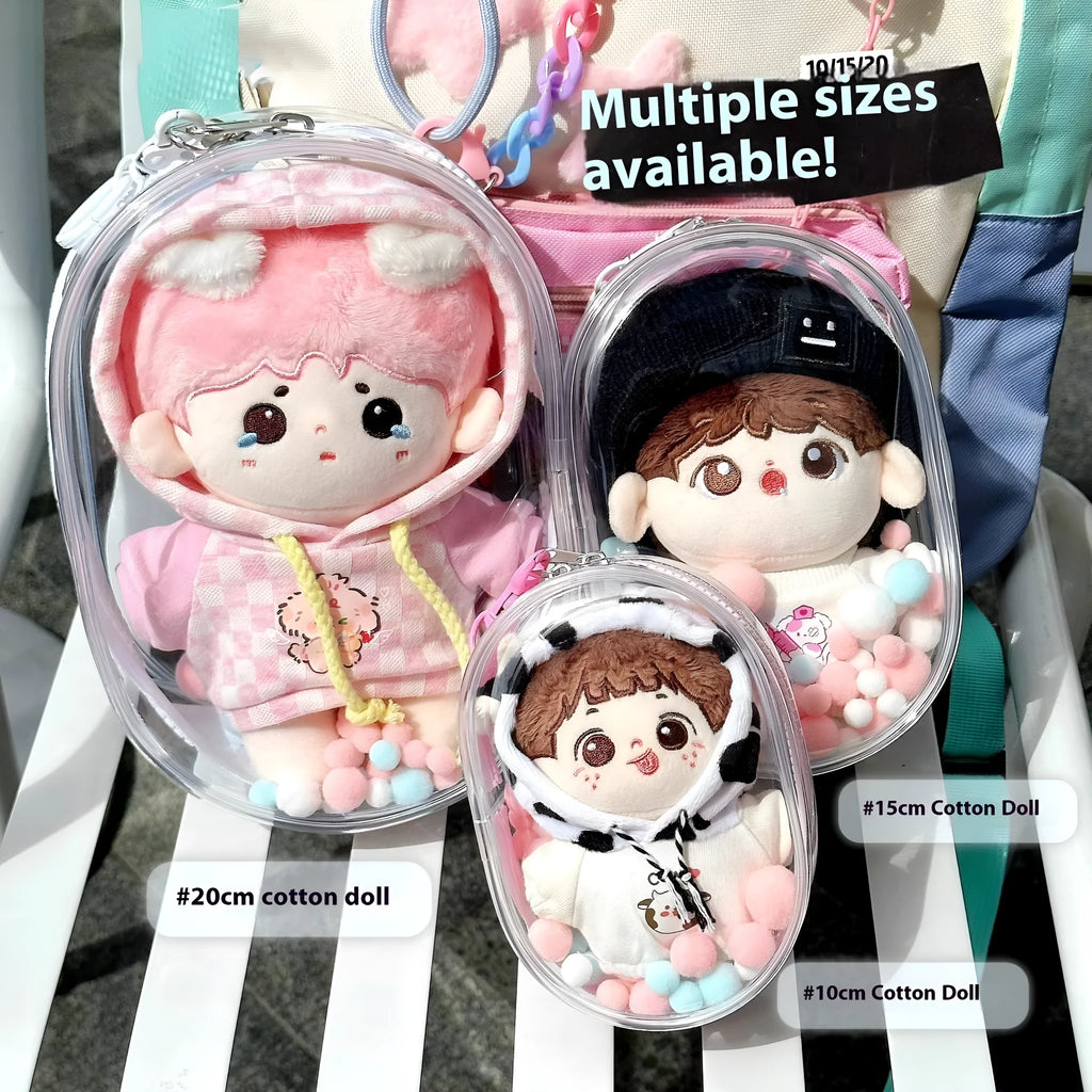 Transparent PVC cube storage bag for cotton dolls with backpack handle in multiple colour options