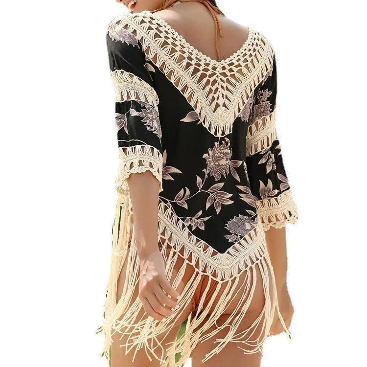 Women's apricot V-neck sun protection blouse with hollow-out design on a beach