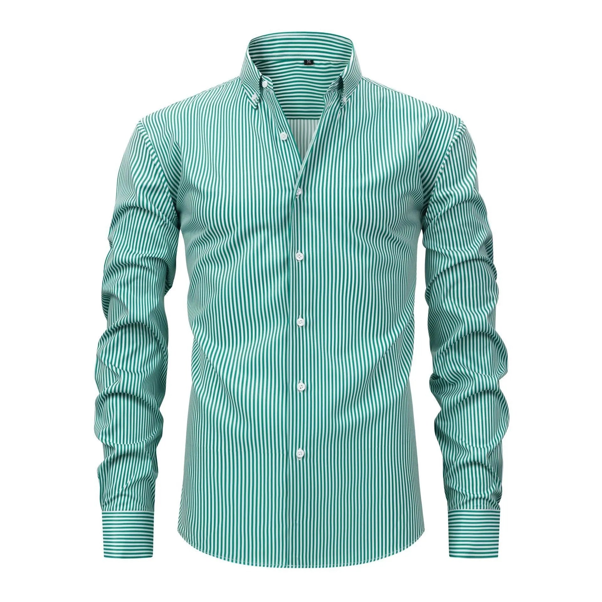 Man wearing striped long-sleeved business shirt with lapel collar in non-ironing fabric