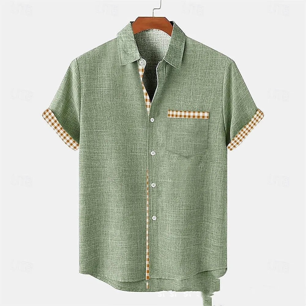 Loose fit linen short sleeve casual shirt showcasing an ocean fish pattern detail on the lapel.