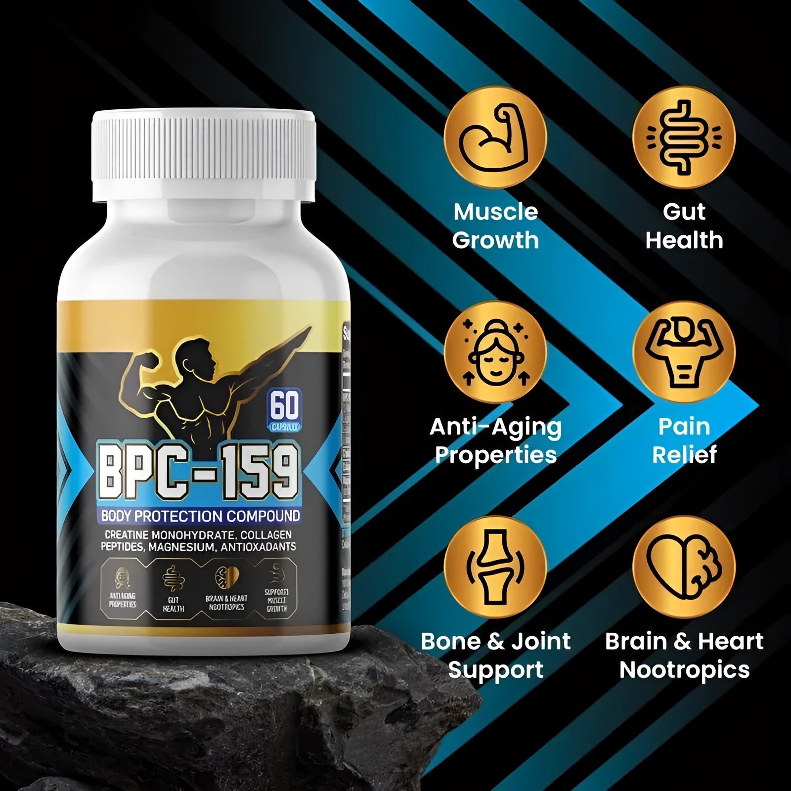 Body energy supplement capsules in bottle for skin health and general wellbeing support