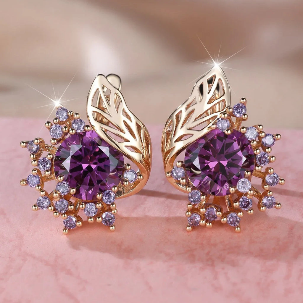 Round floral feather zircon earrings in rose gold with coloured diamond options