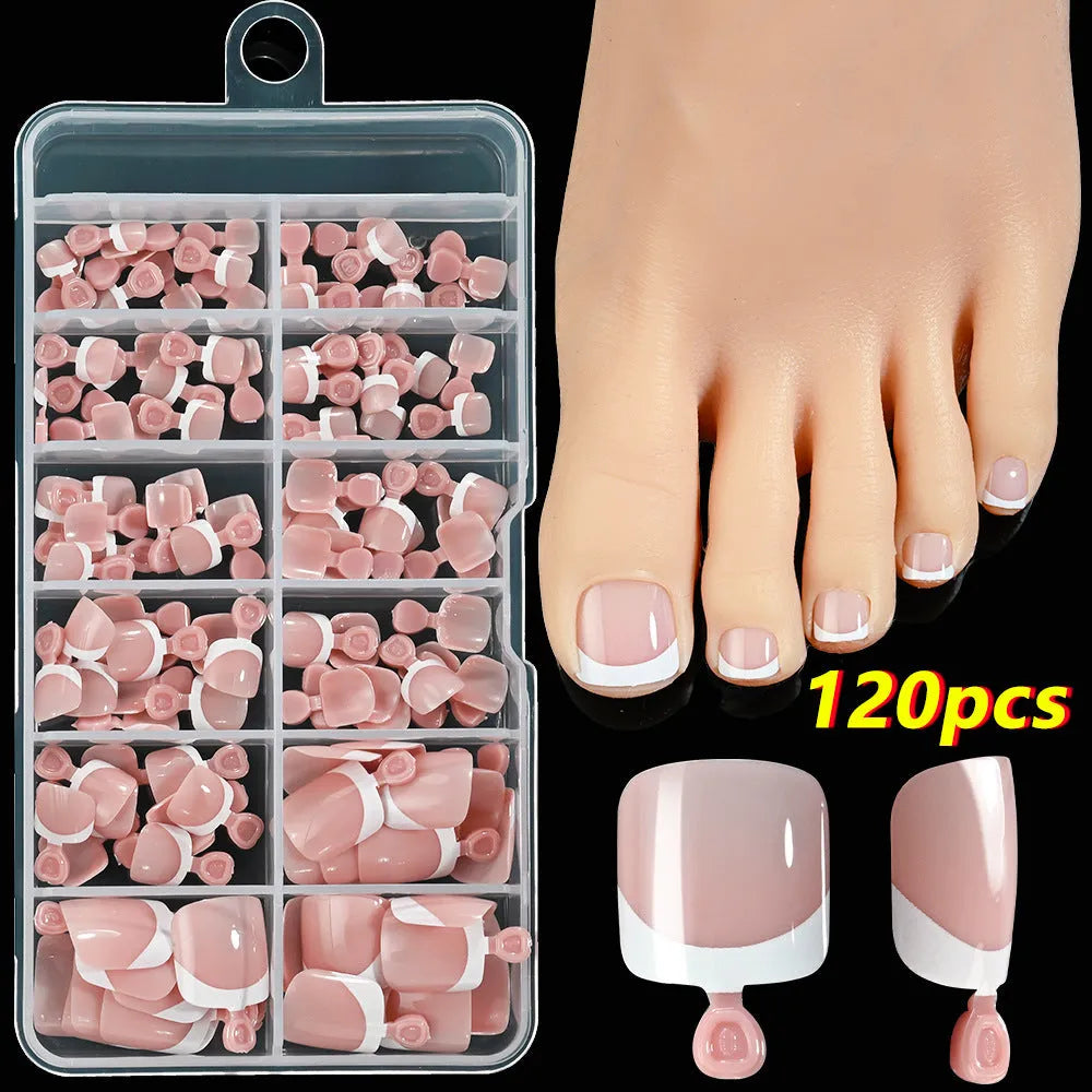 120 piece box of nude square artificial nail tips with French white edges in assorted shades