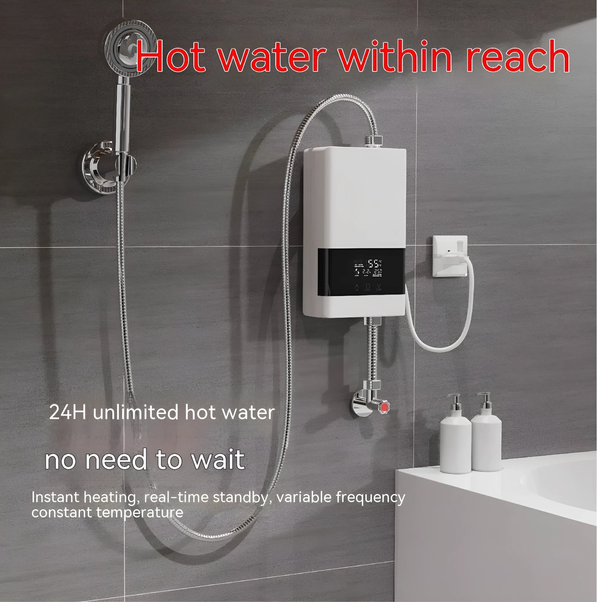 Household instant electric water heater with touch remote control and LED display in gold finish