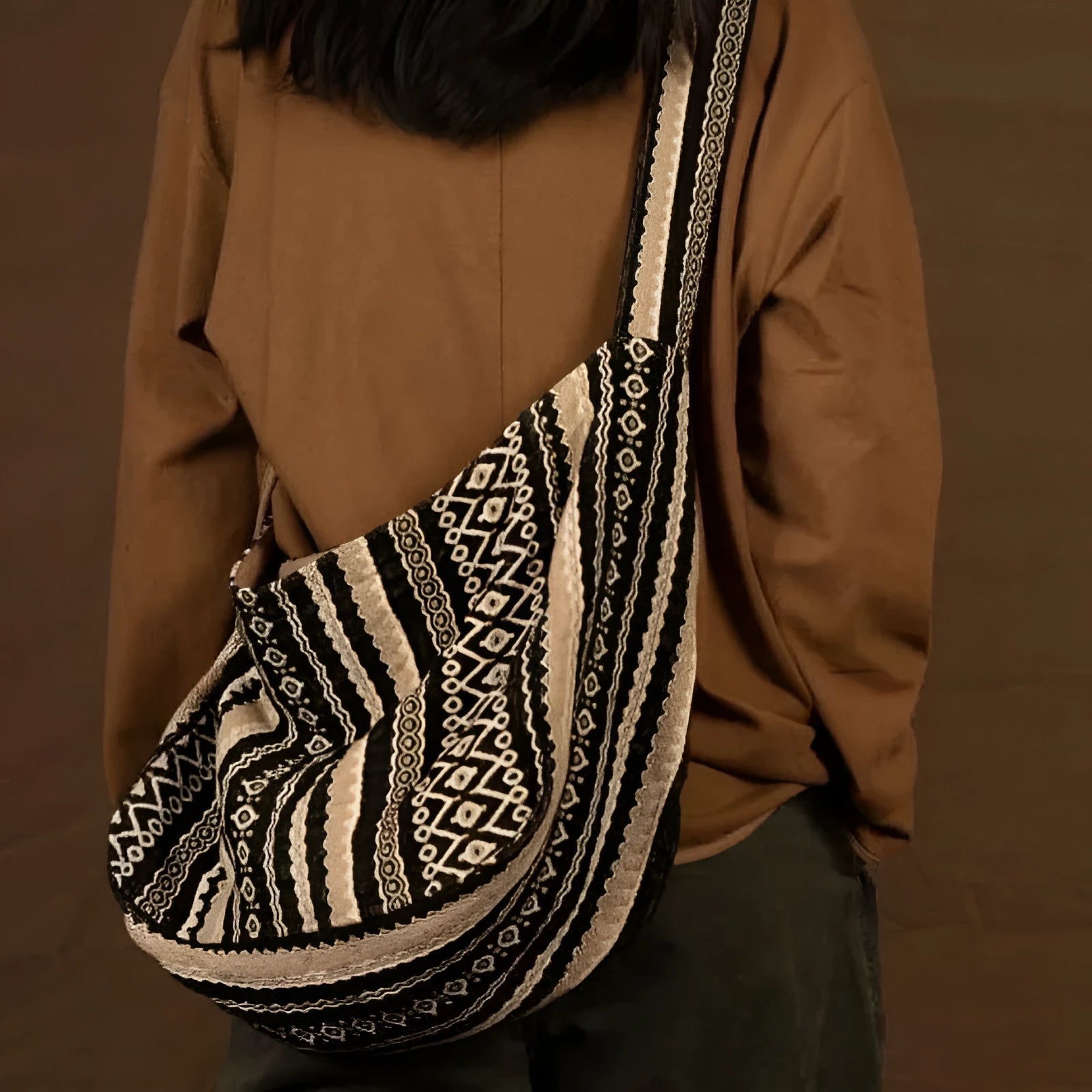 Corduroy jacquard vintage striped messenger bag with adjustable plaid shoulder strap