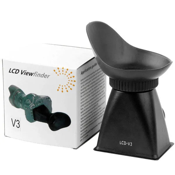 Black camera LCD viewfinder magnifier with magnetic mount attached to a DSLR screen.