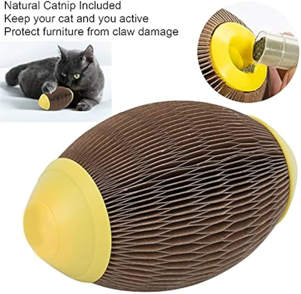 Ellipse-shaped corrugated paper catnip ball toy for scratching and chasing.