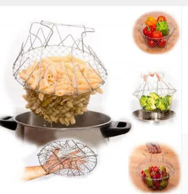 Foldable stainless steel deep fry basket with grid pattern, shown with handle.