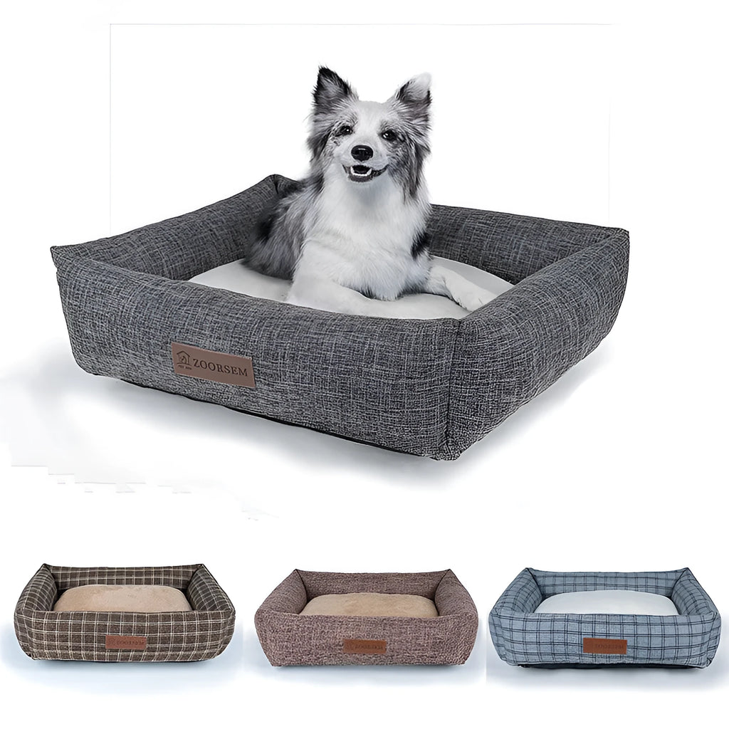Square grey linen pet bed for dogs with dimensions 50x40cm to 80x60cm options