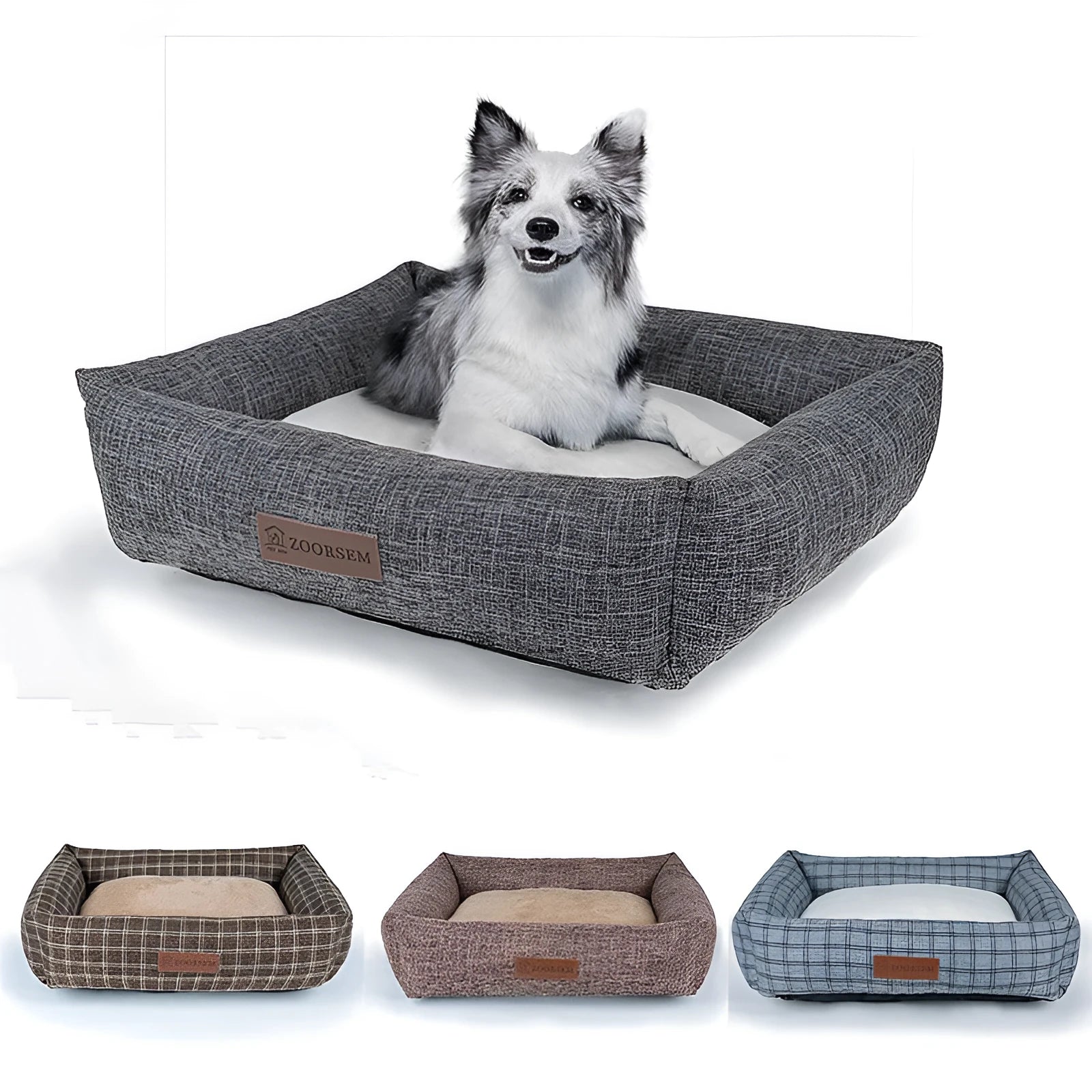 Square grey linen pet bed for dogs with dimensions 50x40cm to 80x60cm options
