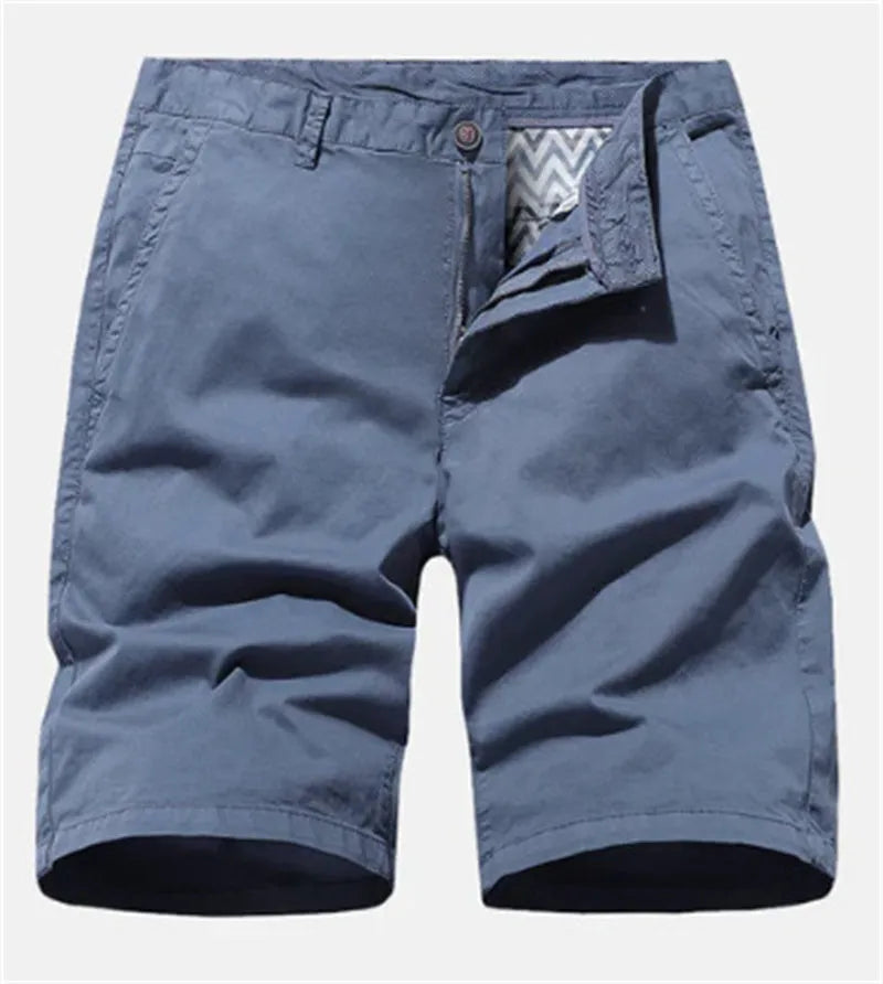 Man wearing blue denim casual shorts with no belt, straight leg, and loose workwear fit