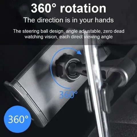 Black universal car phone and iPad holder mounted on a car seat headrest.