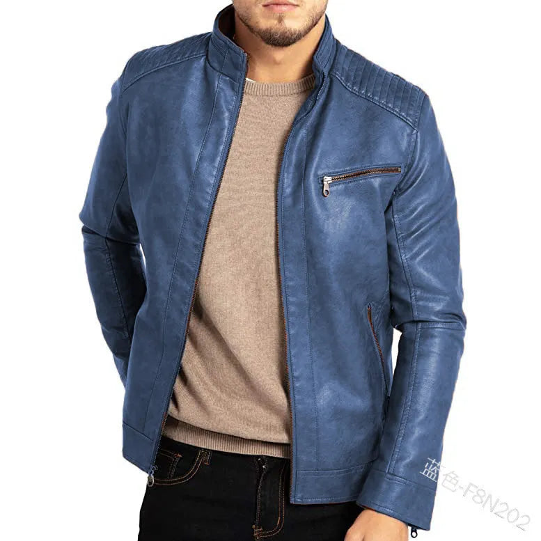 Men's brown artificial leather punk motorcycle jacket with stand collar