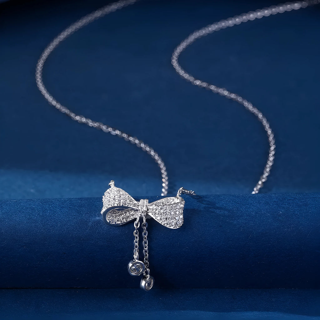 S925 sterling silver bow necklace on adjustable O-ring chain