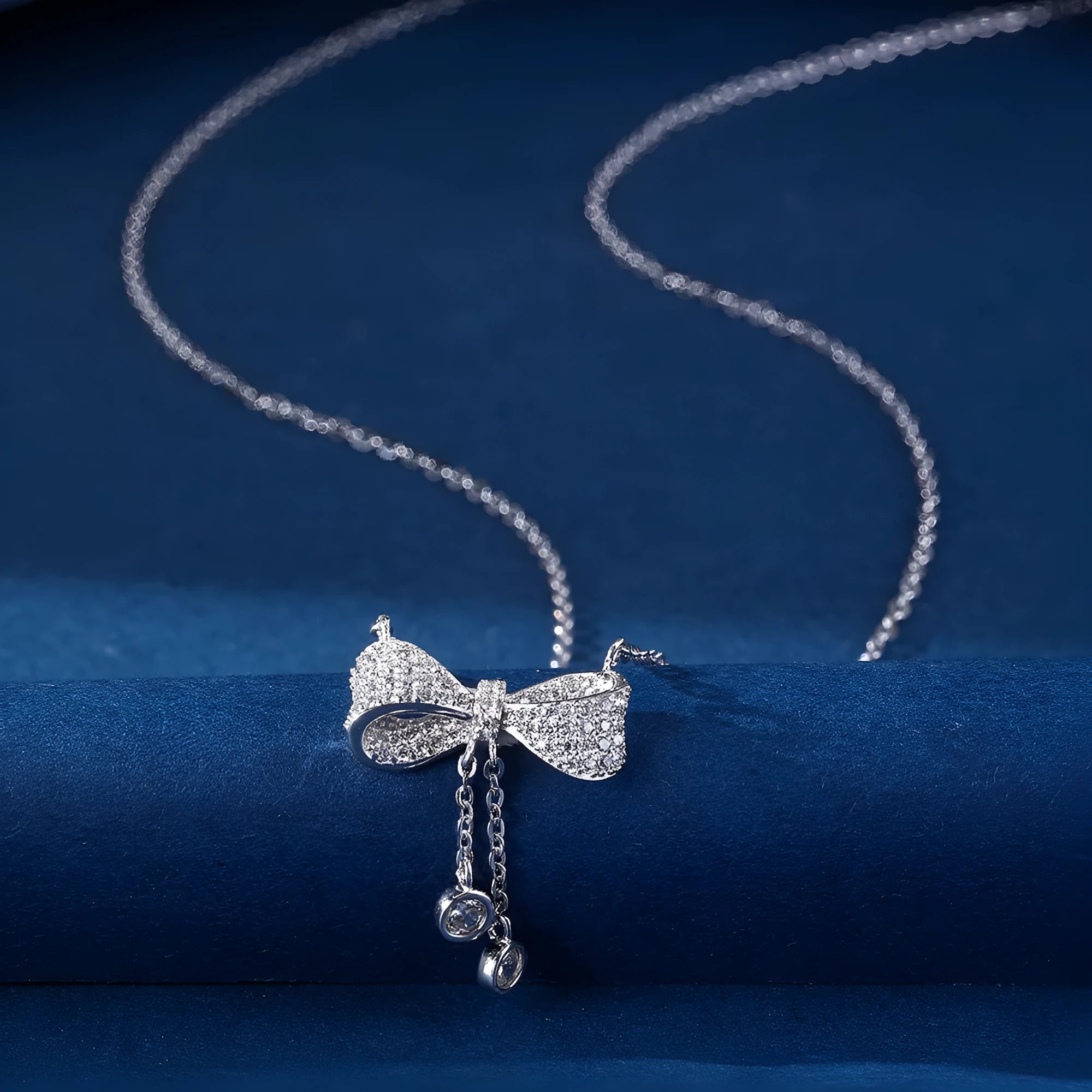 S925 sterling silver bow necklace on adjustable O-ring chain