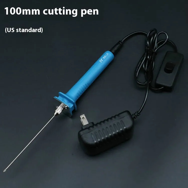 Blue electric heating cutter pen with plastic handle for cutting foam and pearl cotton, shown with power adapter.
