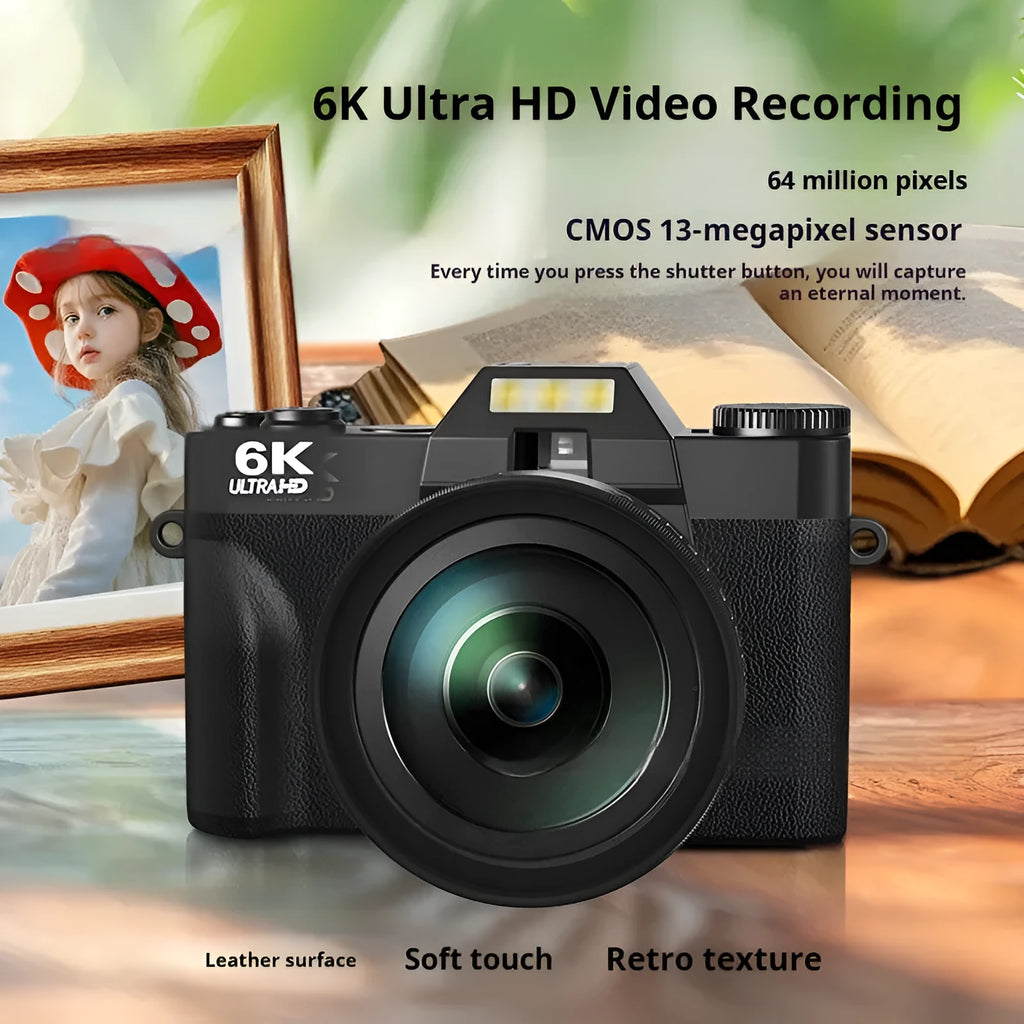 6K HD retro mirrorless camera in black with 32G card, compact design for travel photography