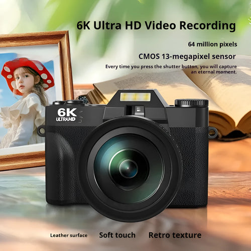 6K HD retro mirrorless camera in black with 32G card, compact design for travel photography
