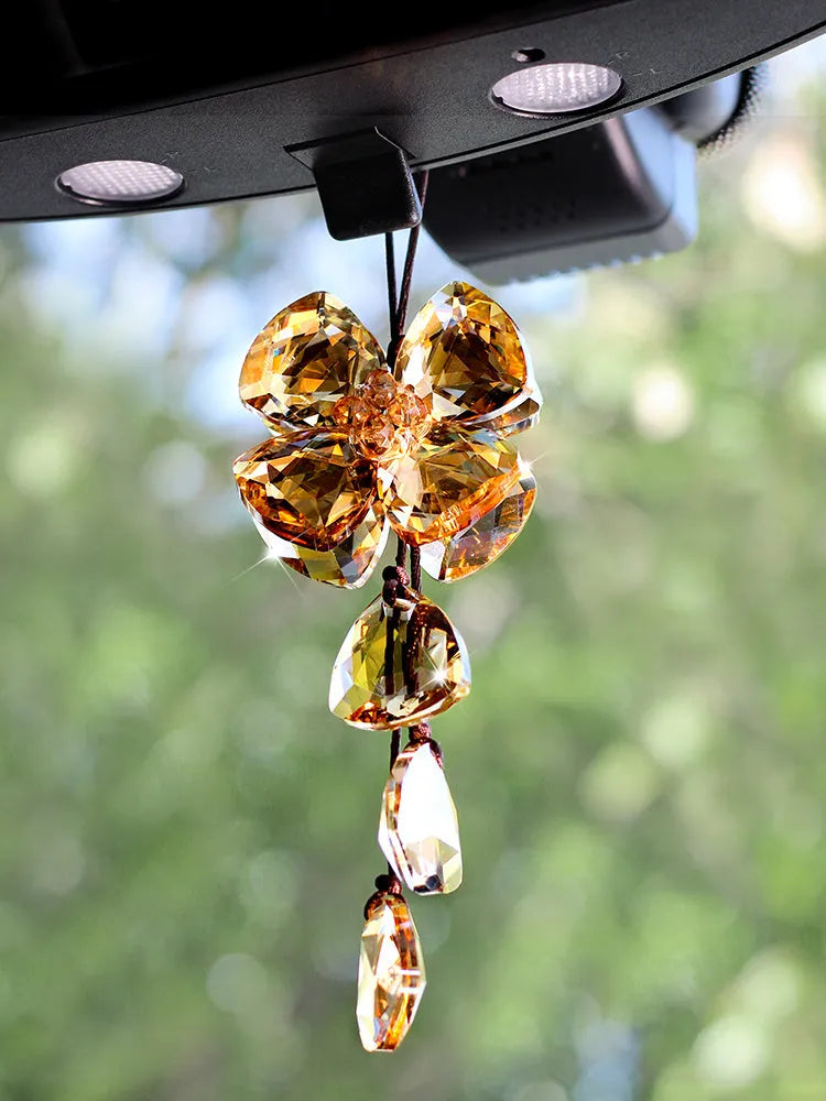 Crystal four leaf grass car interior pendant hanging from rear view mirror