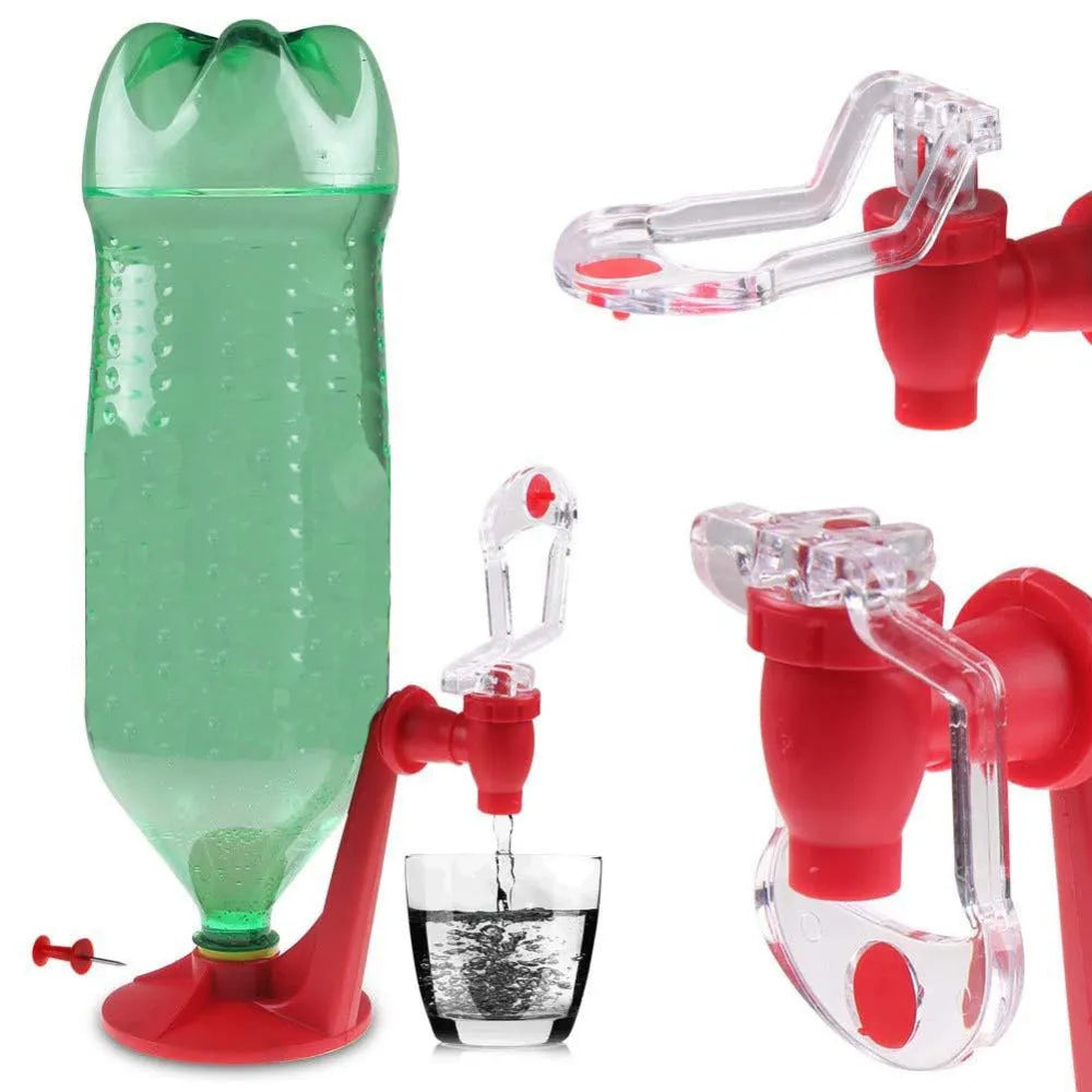 Red plastic Magic Tap soda dispenser attached to 2-litre bottle for push-button pouring