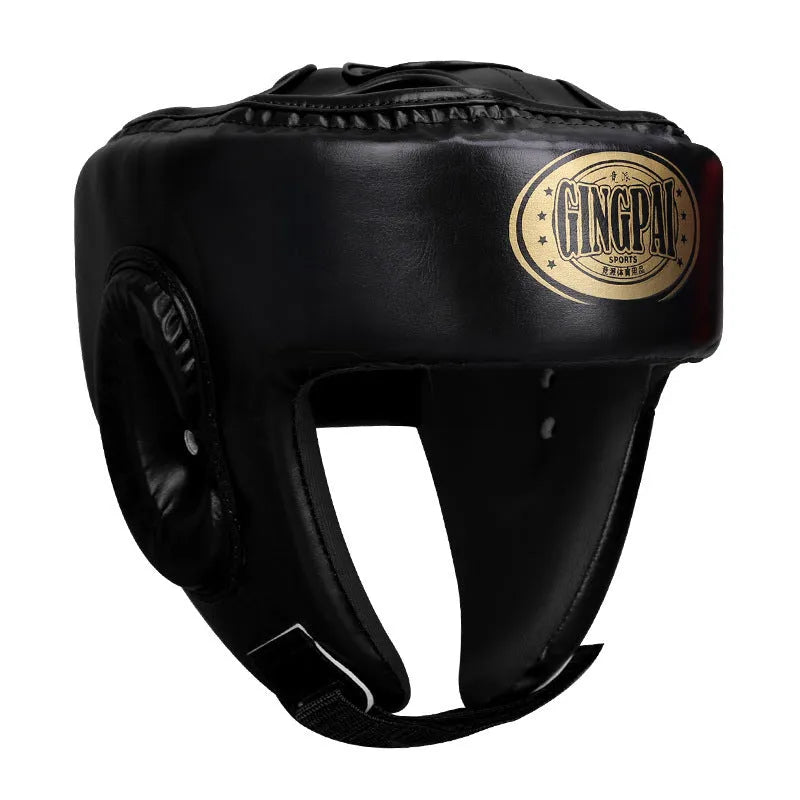 Fully enclosed PU boxing helmet with jaw protection in black, front view