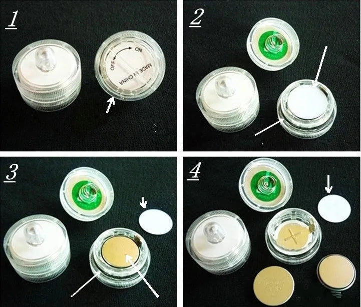 Set of colourful electronic candle lights with CR2032 battery, submersible, 3cm diameter, 2.6cm height, plastic housing
